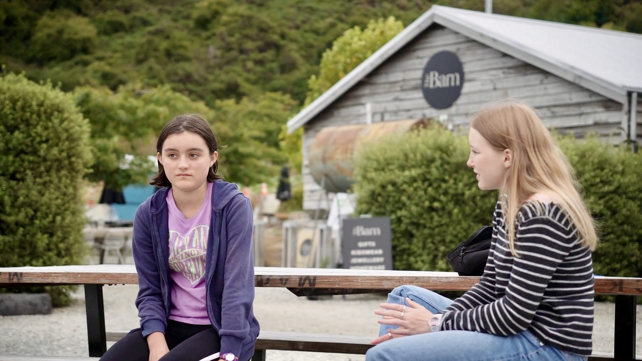 Teens on set between takes